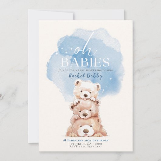 Oh Babies Bear Baby Dusche Einladung blaue Triole (Vorderseite)