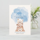 Oh Babies Bear Baby Dusche Einladung blaue Triole (Stehend Vorderseite)