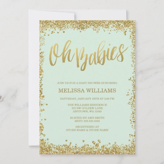 Oh Babies Mint Gold Glitzer Babydusche Einladung (Vorderseite)