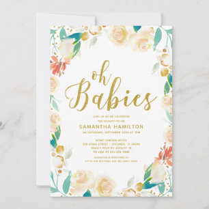 Oh Babies Pfirsich Blumen Glitter Zwillings-Baby-P Einladung