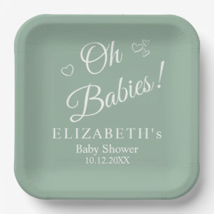 Oh Babies Salbeigrüne Zwillings-Baby-Party-Teller  Pappteller