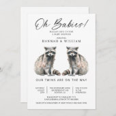 Oh Babies Twins Wasserfarbe Raccoons Babydusche Einladung (Vorne/Hinten)
