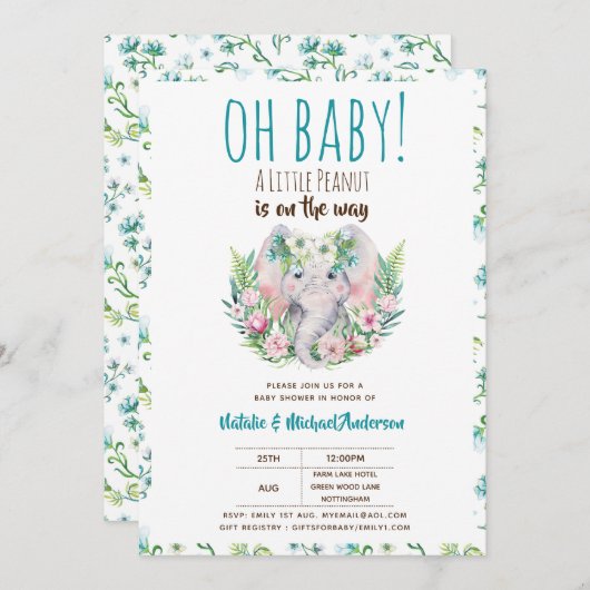 Oh Baby A Little Peanut Boho Elephant Baby Dusche Einladung (Vorne/Hinten)