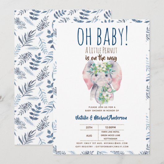 Oh Baby A Little Peanut Elephant Boho Floral Chic Einladung (Vorne/Hinten)