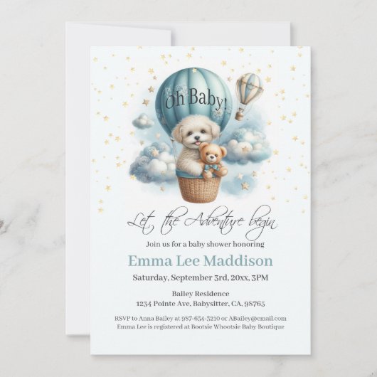 Oh Baby Adventure beginnt Welpe in Hot Air Ballon Einladung (Vorderseite)