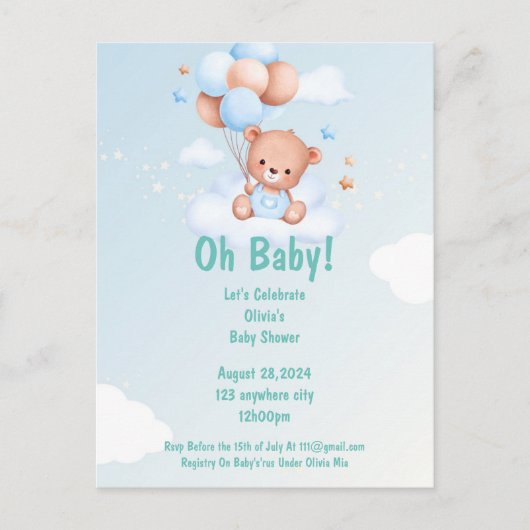 OH BABY BABY SHOWER EINLADUNG FÜR JUNGEN (Vorderseite)