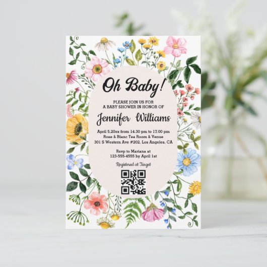 oh Baby, Babydusche qr Blumenkode Wildblumen Einladung (Stehend Vorderseite)