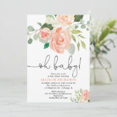 Oh Baby-Babypartyblumenpfirsichgrün Einladung (Stehend Vorderseite)