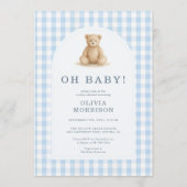Oh Baby Bear Blue Gingham Baby Shower Einladung (Vorderseite)
