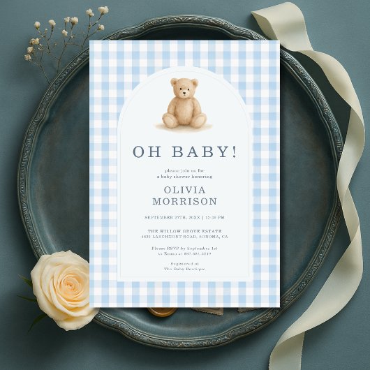 Oh Baby Bear Blue Gingham Baby Shower Einladung
