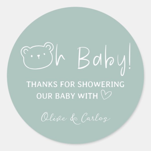Oh Baby Bear und Herz Danke Baby Dusche Runder Aufkleber (Vorderseite)