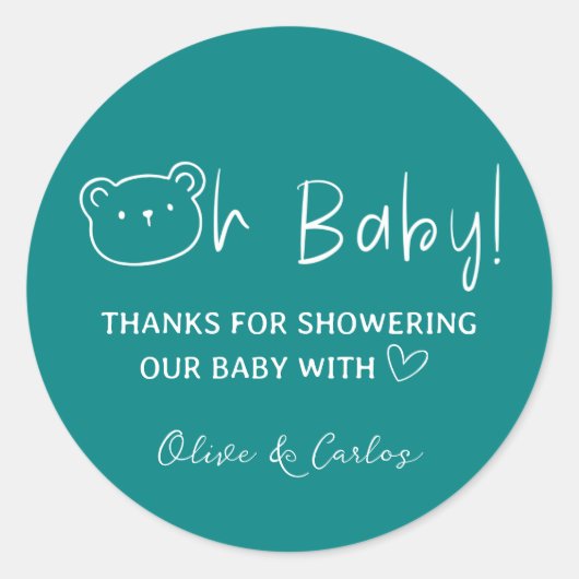 Oh Baby Bear und Herz Danke Baby Dusche Runder Aufkleber (Vorderseite)