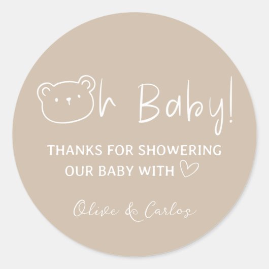 Oh Baby Bear und Herz Danke Baby Dusche Runder Aufkleber (Vorderseite)