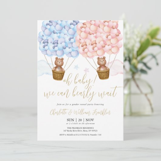 Oh Baby Bearly Wait Teddy Bear Gender Reveal Party Einladung (Stehend Vorderseite)