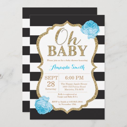 Oh Baby Black and Gold Baby Shower Einladung (Vorne/Hinten)