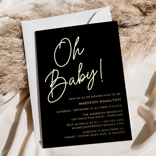 Oh Baby Black and Gold Script Baby Dusche Folieneinladung