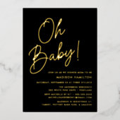 Oh Baby Black and Gold Script Foto Baby Shower Folieneinladung (Vorderseite)