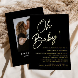 Oh Baby Black and Gold Script Foto Baby Shower Folieneinladung