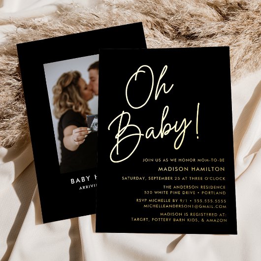 Oh Baby Black and Gold Script Foto Baby Shower Folieneinladung