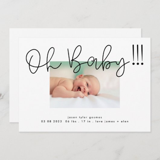 Oh Baby black auf weißer moderner Funky Fun Baby Ankündigung (Vorne/Hinten)