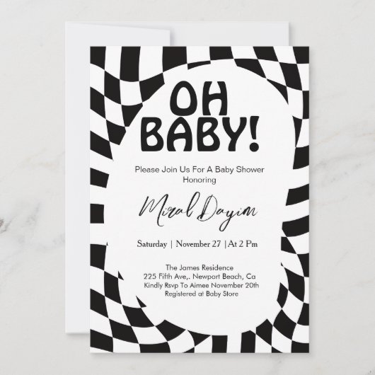 Oh Baby! Black Checkered Modern Baby Shower Einladung (Vorderseite)