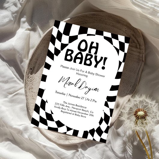 Oh Baby! Black Checkered Modern Baby Shower  Einladung
