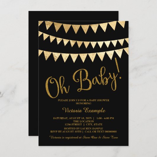 Oh Baby Black Gold Gender Neutral Baby Dusche Einladung (Vorne/Hinten)