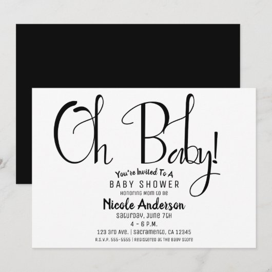 Oh Baby Black Script Modernes Minimal Dusche Party Einladung (Vorne/Hinten)