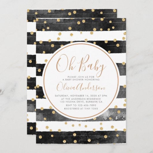Oh Baby Black Strip Glitzer Babydusche Einladung (Vorne/Hinten)