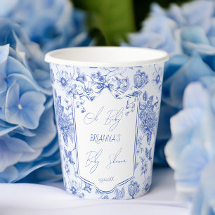 Oh Baby Blau Toile de Jouy Schleife Baby Shower Pappbecher