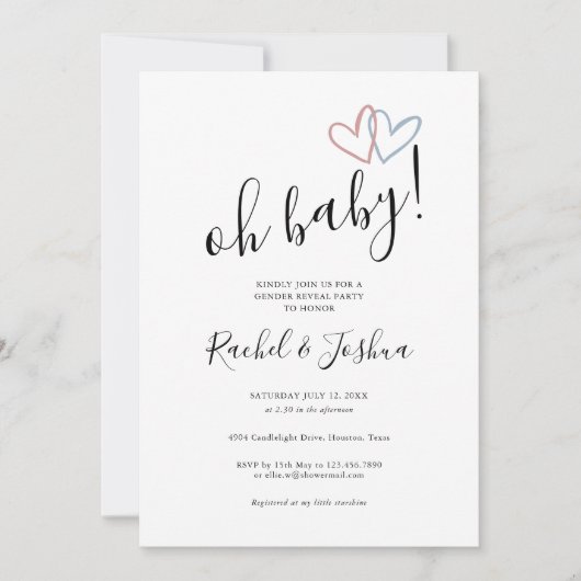 Oh Baby Blue and Pink Hearts Gender Reveal Party Einladung (Vorderseite)