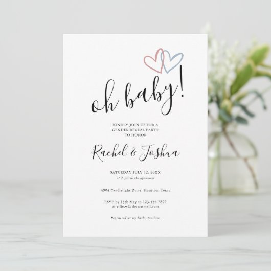 Oh Baby Blue and Pink Hearts Gender Reveal Party Einladung (Stehend Vorderseite)