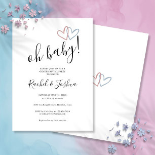 Oh Baby Blue and Pink Hearts Gender Reveal Party Einladung