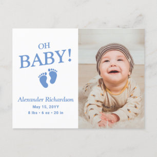 Oh Baby Blue Benutzerdefinierte Foto-Jungen-Geburt Einladungspostkarte