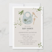 Oh Baby Blue Bib Peas Fork Spoon Boy Baby Dusche Einladung (Vorderseite)