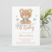 Oh Baby Blue Boy Teddy Bear Baby Dusche Einladung (Stehend Vorderseite)