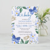 Oh Baby Blue Butterfly Floral Boy Baby Dusche Einladung (Stehend Vorderseite)