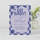 Oh Baby! Blue Checkered Modern Baby Shower Einladung (Stehend Vorderseite)