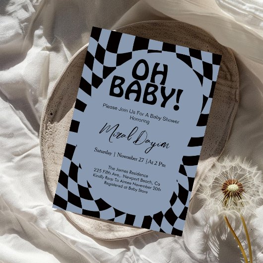 Oh Baby! Blue Checkered Modern Baby Shower  Einladung