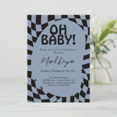 Oh Baby! Blue Checkered Modern Baby Shower  Einladung (Stehend Vorderseite)