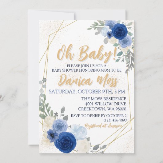 Oh Baby Blue Floral Baby Dusche Einladung (Vorderseite)