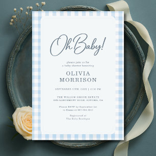 Oh Baby Blue Gingham Babyparty Einladung