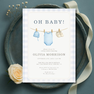 Oh Baby Blue Gingham Babyparty Einladung