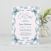 Oh Baby Blue Gingham Bows Baby Shower Einladung (Stehend Vorderseite)