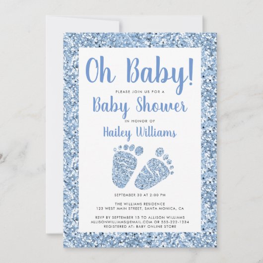 Oh Baby Blue Glitzer Baby Feet Babydusche Einladung (Vorderseite)