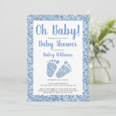Oh Baby Blue Glitzer Baby Feet Babydusche Einladung (Stehend Vorderseite)