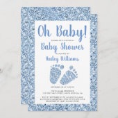 Oh Baby Blue Glitzer Baby Feet Babydusche Einladung (Vorne/Hinten)
