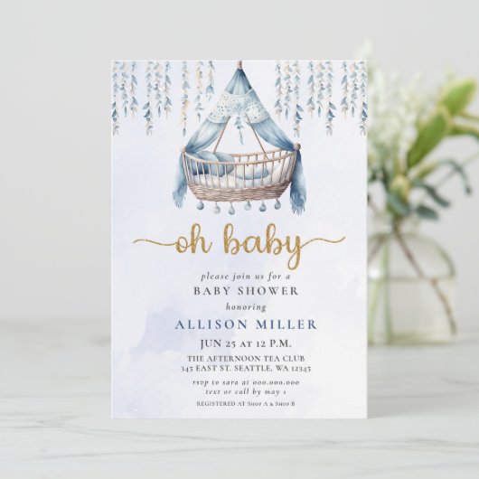 Oh Baby Blue Gold Crib Boho Boy Baby Dusche Einladung (Stehend Vorderseite)