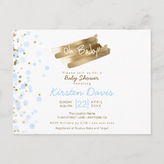 Oh Baby Blue & Gold Es ist eine Boy Baby Dusche Postkarte (Vorderseite)