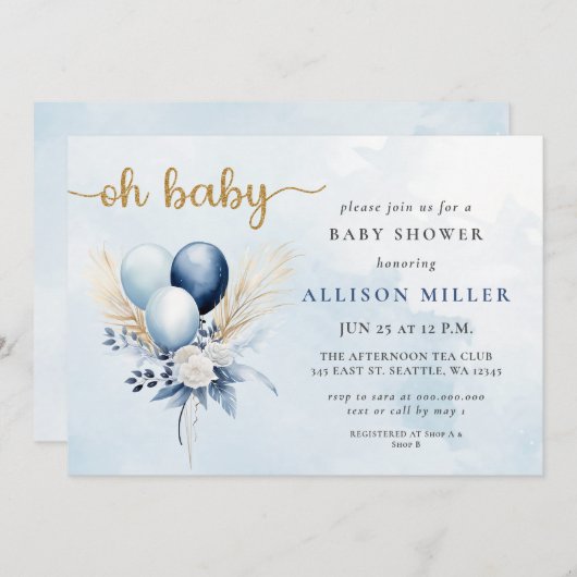 Oh Baby Blue Gold Pampas Boho Boy Baby Dusche Einladung (Vorne/Hinten)